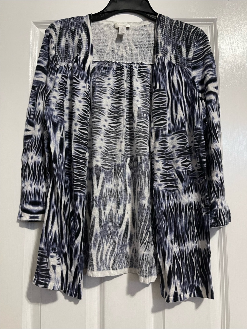 Chico's Navy & White Patterned Open Cardigan Jacket